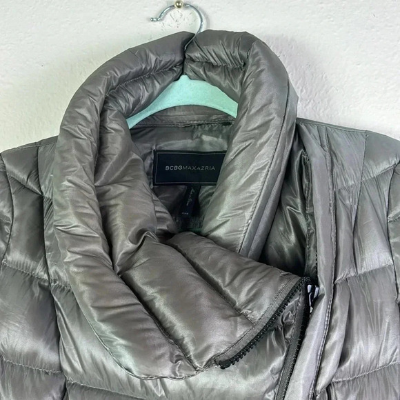 BCBGMAXAZRIA Lilly Short Packable Down Puffer Coat Asymmetrical Zip Grey SZ XXS - Picture 7 of 12